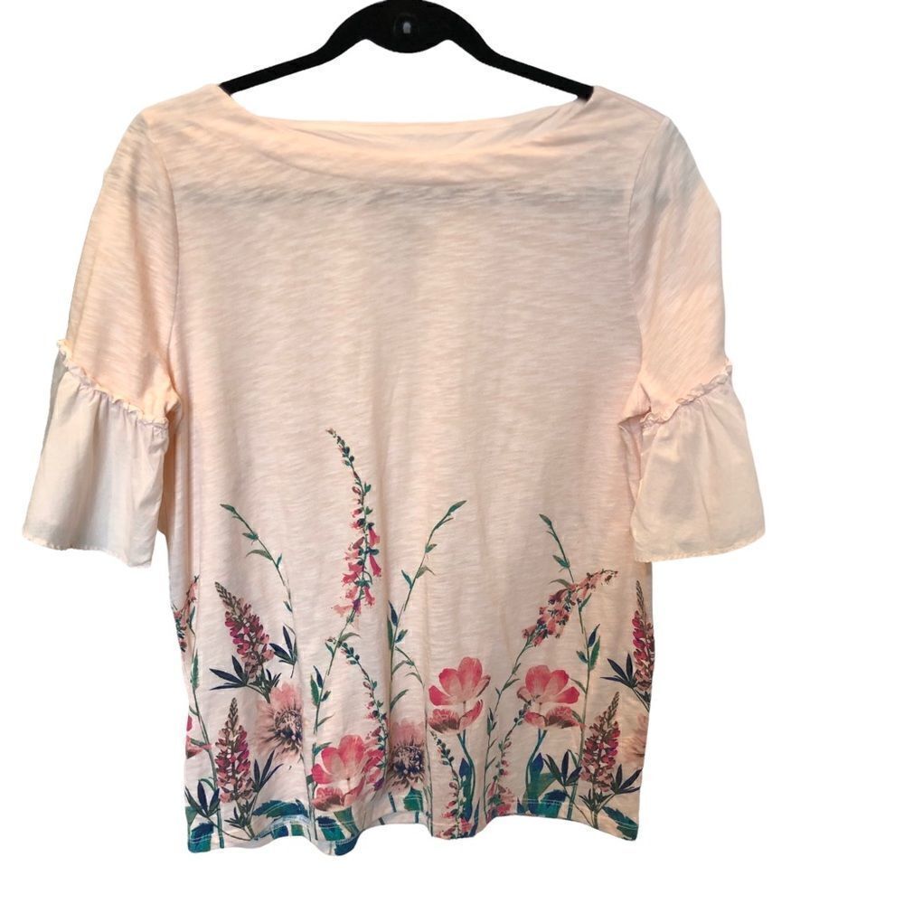 St. John's Bay Blouse short ruffled bell sleeve Peach floral boat neck Medium